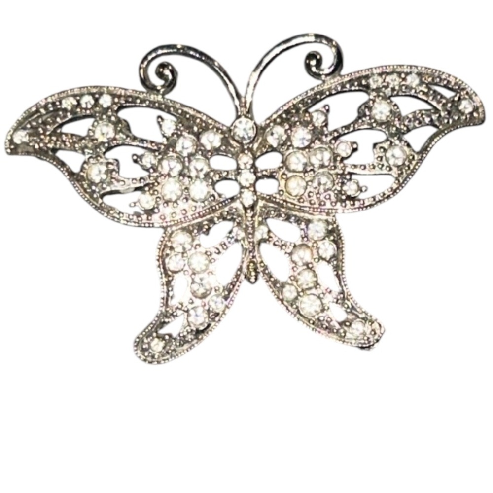 Brooch Butterfly Filigre Silver Large  Clear Crystals Jewelry size 2.5" X 1.5"